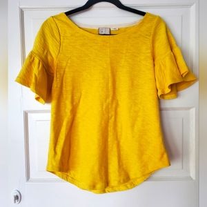 Anthropologie Yellow Ruffle Sleeve Top